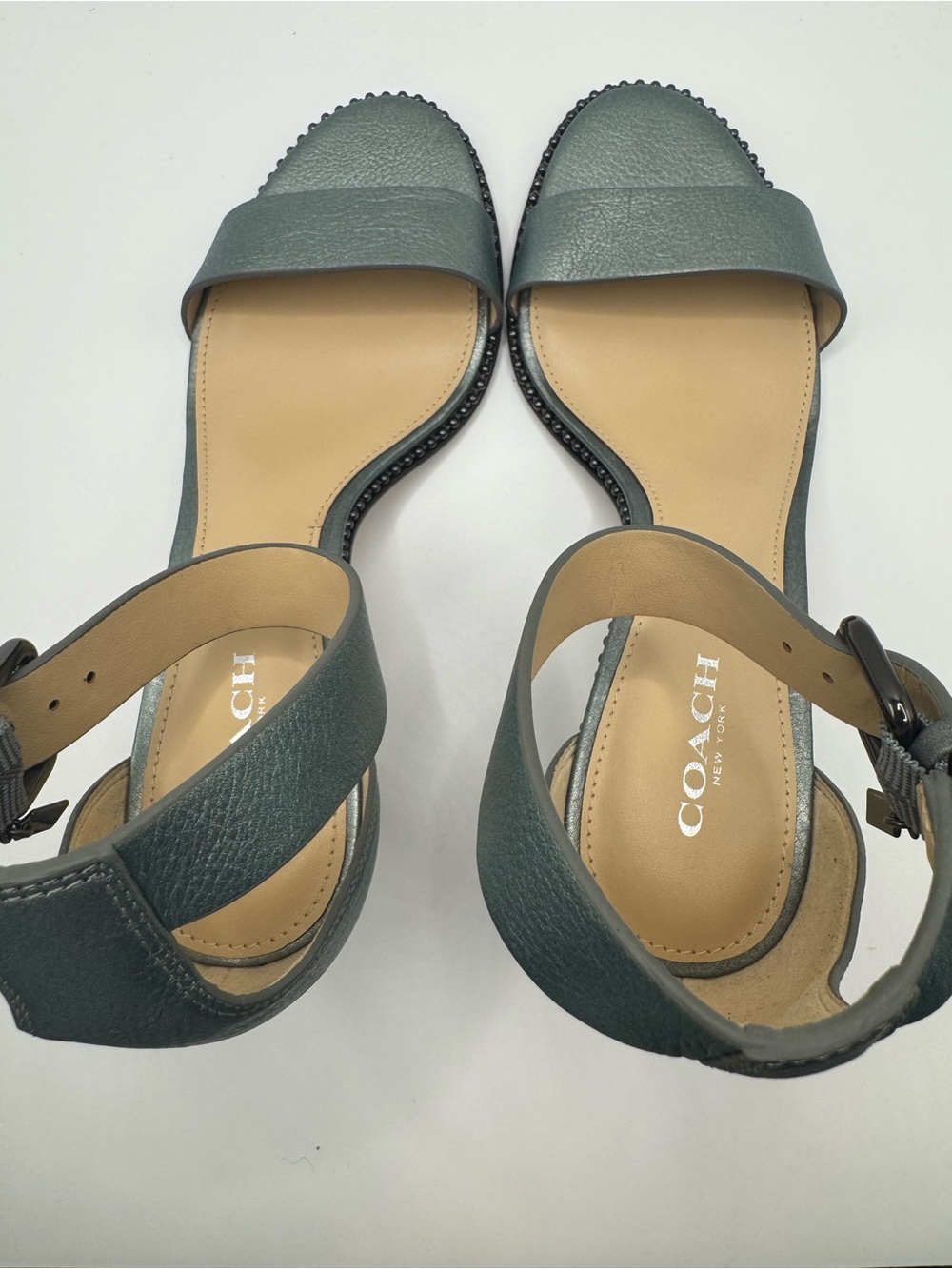 New Coach Maude Leather Ankle-Strap Sandal Heels Gun Metal Size 6 - Picture 7 of 9